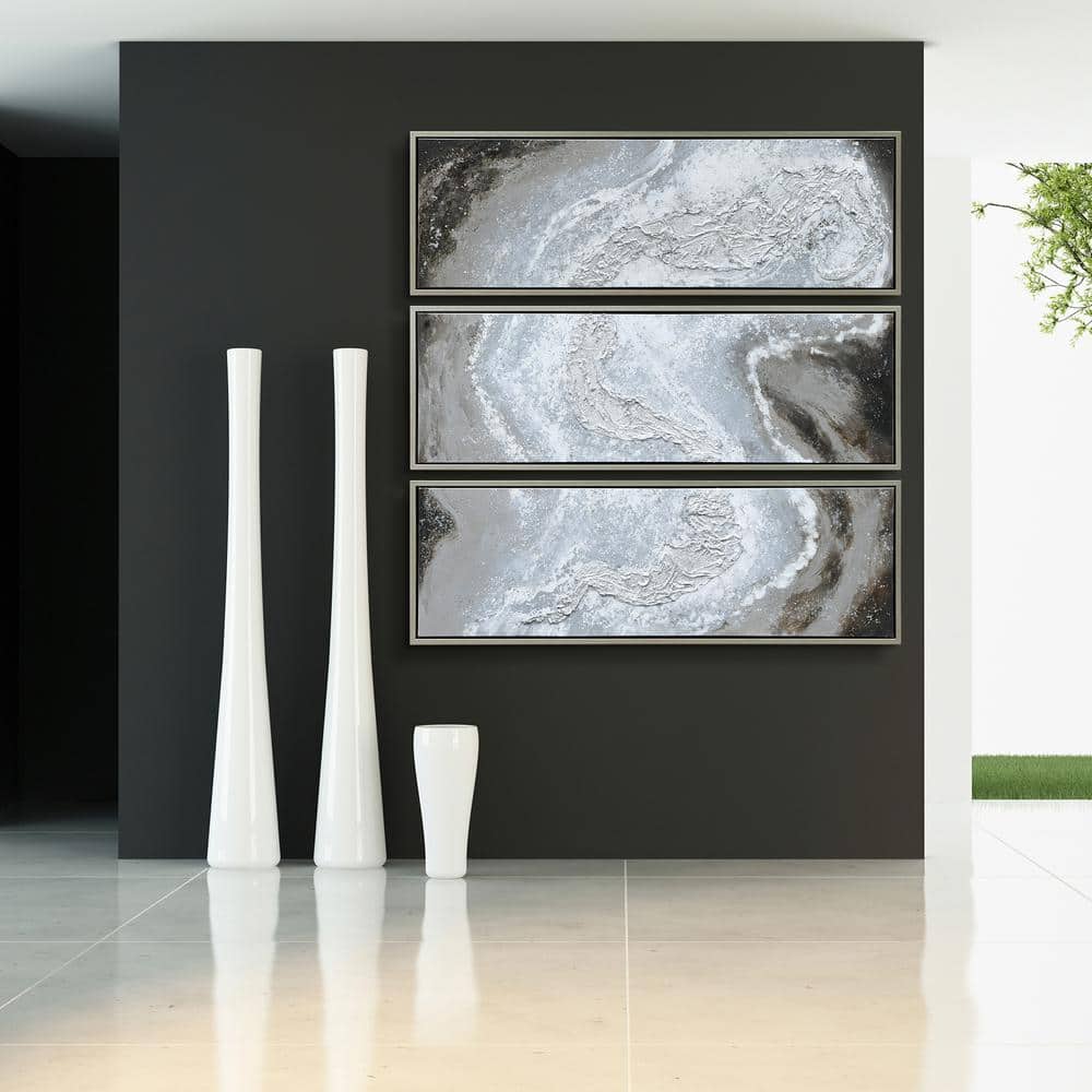Iced Textured Abstract Triptych Oil Painting with Champagne Frame