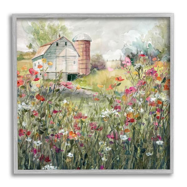 The Stupell Home Decor Collection Vibrant Flower Blossoms Surrounding Rural Barn Nature Design by Carol Robinson Framed Nature Art Print 24 in. x 24 in.