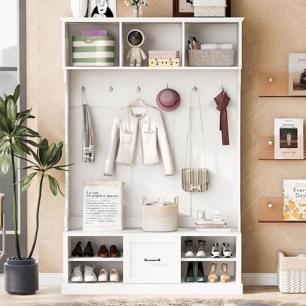 57 in. W x 17.3 in. D x 85 in. H White Wood Hall Tree with 6 Hooks, Coat Hanger, Entryway Bench and 3-in-1 Design