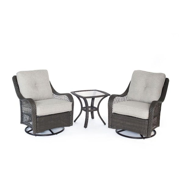 Hanover Orleans 3-Piece Swivel Gliding Chat Set with Heather Gray Cushions, 2 Glider Chairs, End Table, Weather Resistant