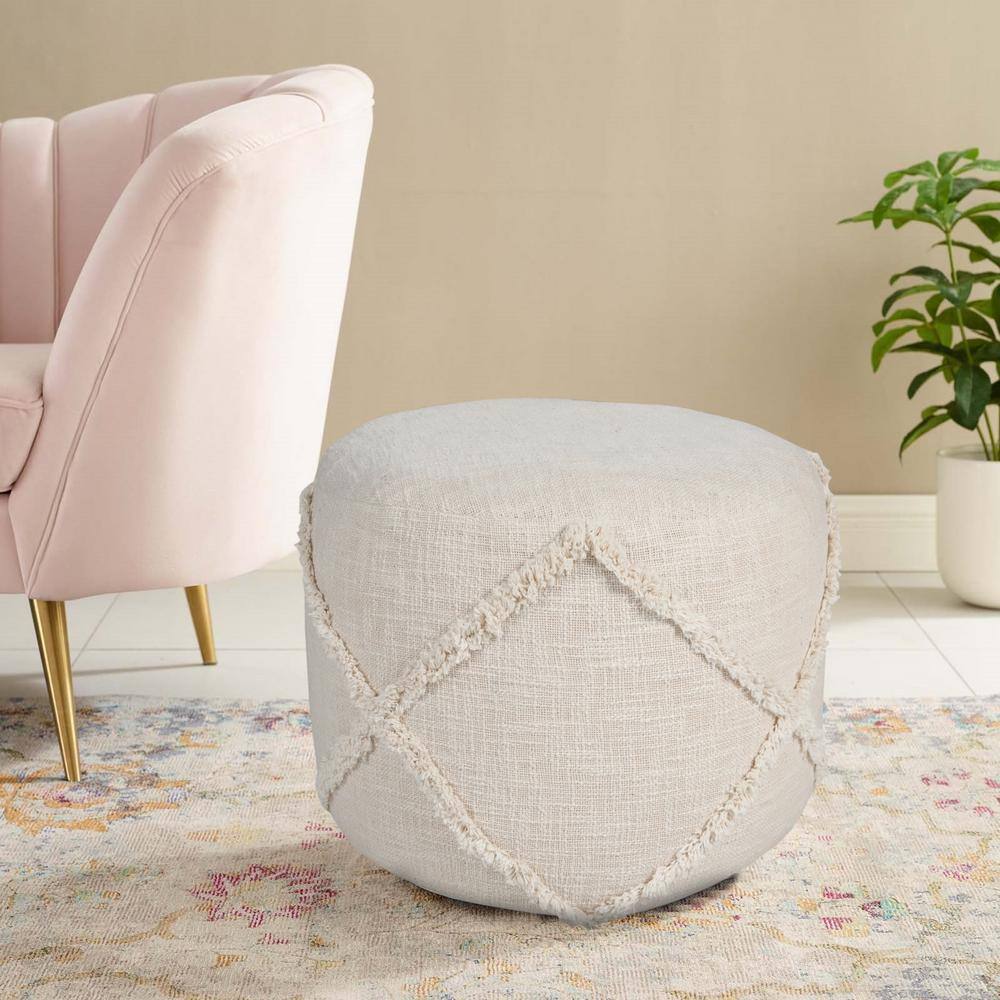 Contemporary Beige Tufted Cotton Round Pouf, 18"x14"