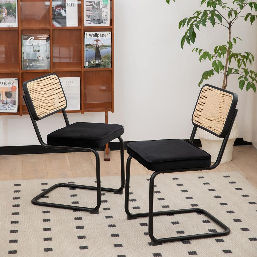 Black Rattan and Velvet Armless Dining Chairs, Set of 2