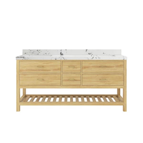Willow Collections Parker Teak 72 in. Double Sink Freestanding Light Natural Bath Vanity with Viola Night Qt. Top Unassembled