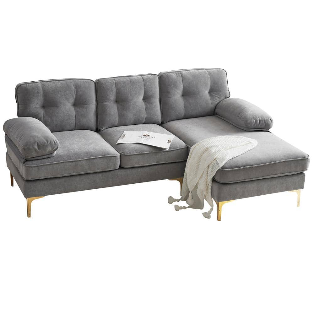 83 in. W Square Arm 3-Piece Velvet Upholstered L-Shaped Sectional Sofa in. Light Gray with Golden Metal Legs -  Harper & Bright Designs, CJ052AAE