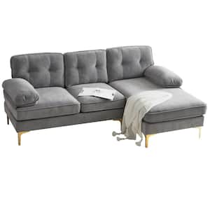 83 in. W Square Arm 3-Piece Velvet Upholstered L-Shaped Sectional Sofa in. Light Gray with Golden Metal Legs