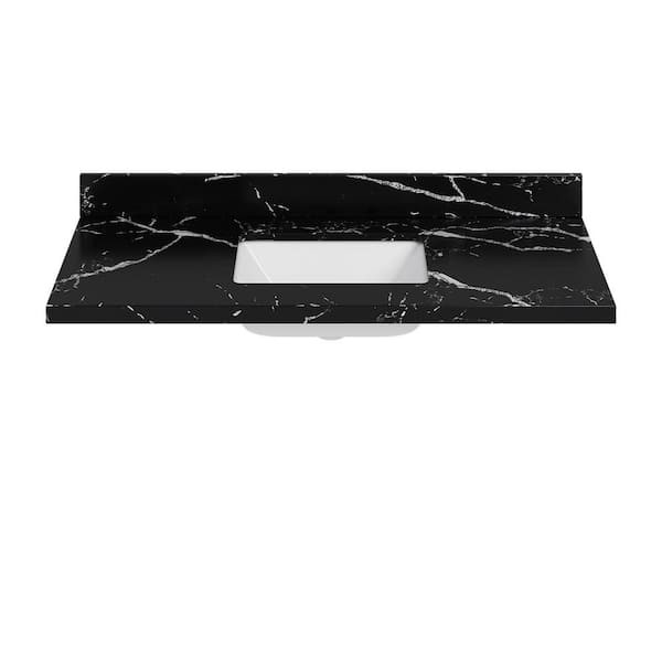 48 in. W x 22 in. D Nero Black Quartz Bathroom Vanity Top w/ 1.5 in. Thick Milter Edge Rectangular Single Sink in White