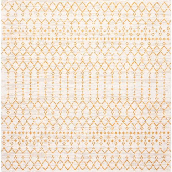 Ourika Moroccan Geometric Textured Weave Cream/Yellow 5 ft. Square Indoor/Outdoor Area Rug