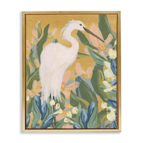 Egret and Lake Vegetation by June Erica Vess Gold Floater Frame Graphic Art Print Animal 31 in. x 25 in.