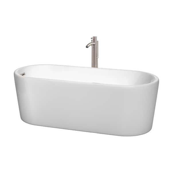 Wyndham Collection Ursula 5.6 ft. Acrylic Flatbottom Non-Whirlpool Bathtub in White with Brushed Nickel Trim and Faucet