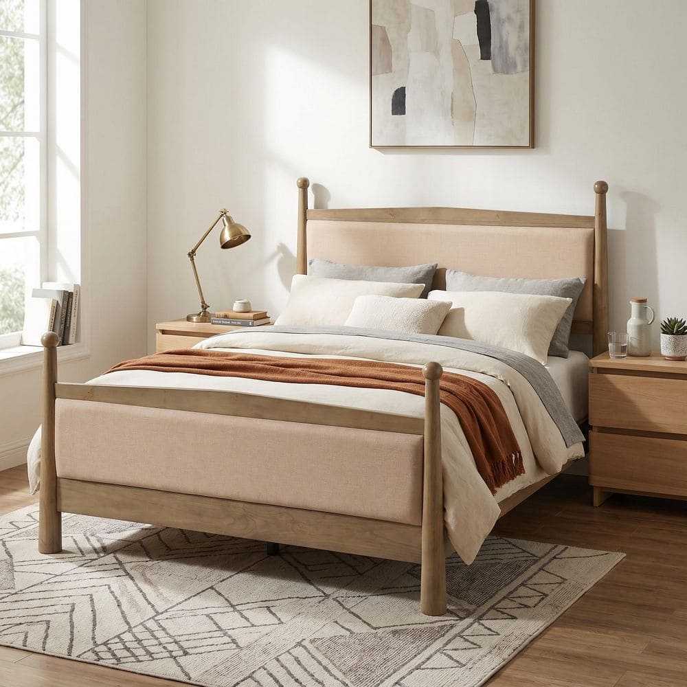 Candy Antique Oak plus Beige Wood Frame Queen Size Platform Bed with Upholstered Fabric Headboard and Footboard price history on PriceWatchPro