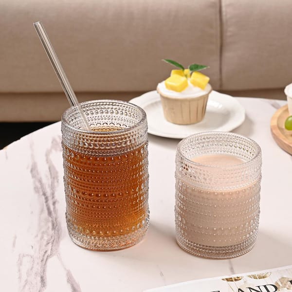 12-Piece Clear 12 oz. & 15 oz. Hobnail Glass Cups with 1 Cleaning Brush Embossed Water Tumbler for Beer Cocktail Whiskey