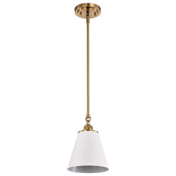 SATCO Dover 60-Watt 1-Light White and Vintage Brass Shaded Pendant Light with White Metal Shade and No Bulbs Included