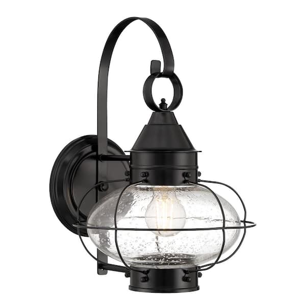 NORWELL Large Cottage Onion 1-Light Black Outdoor Wall Sconce with Seedy Glass