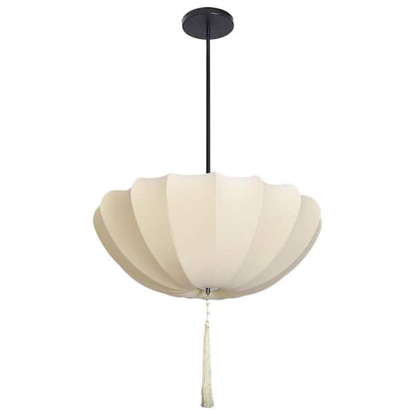 3-Light White Textured Fabric Pendant Light with Shell Design and Tassel, No Bulbs Included, 20 in.