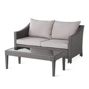 Antibes Grey 2-Piece Wicker Outdoor Patio Conversation Set with Silver Cushions