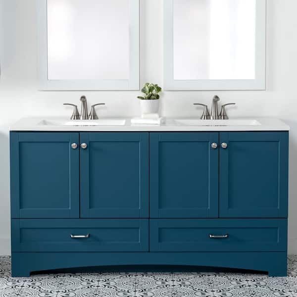 Glacier Bay Lancaster 60 in. W x 19 in. D x 33 in. H Double Sink Bath Vanity in Admiral Blue with White Cultured Marble Top