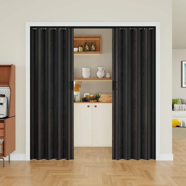 72 in. x 80 in. Black Woodgrain Vinyl PVC Accordion Door, Interior Folding Doors with Installation Hardware