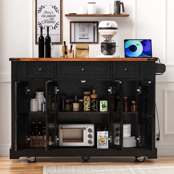 Lycvki Black Wood 53 in. Kitchen Island with Drop Leaf, 5 Open Side Racks, 3 Drawers