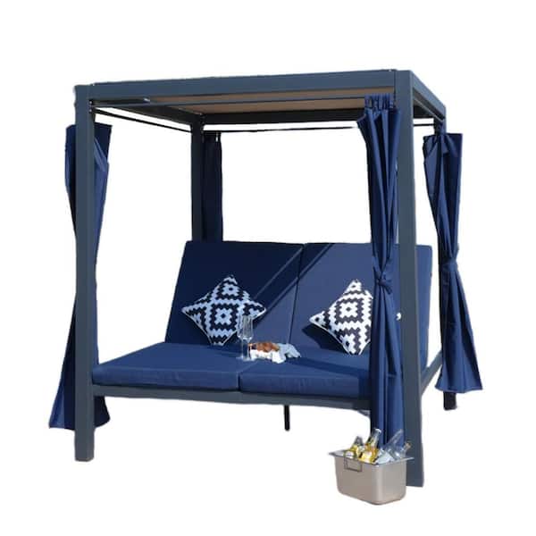 DIRECT WICKER Portal 1 of Piece Iron Metal Outdoor Loveseat Day Bed with Canopy and Navy Blue Cushions