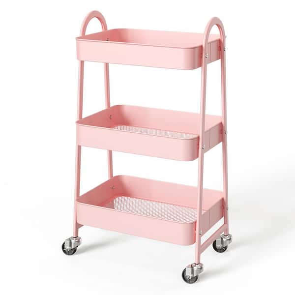 WarmieHomy 3-Tier Metal Wheeled Narrow Storage Shelf Organizer Cart in Pink (16.9 in. W x 30.9 in. H x 12.2 in. D)