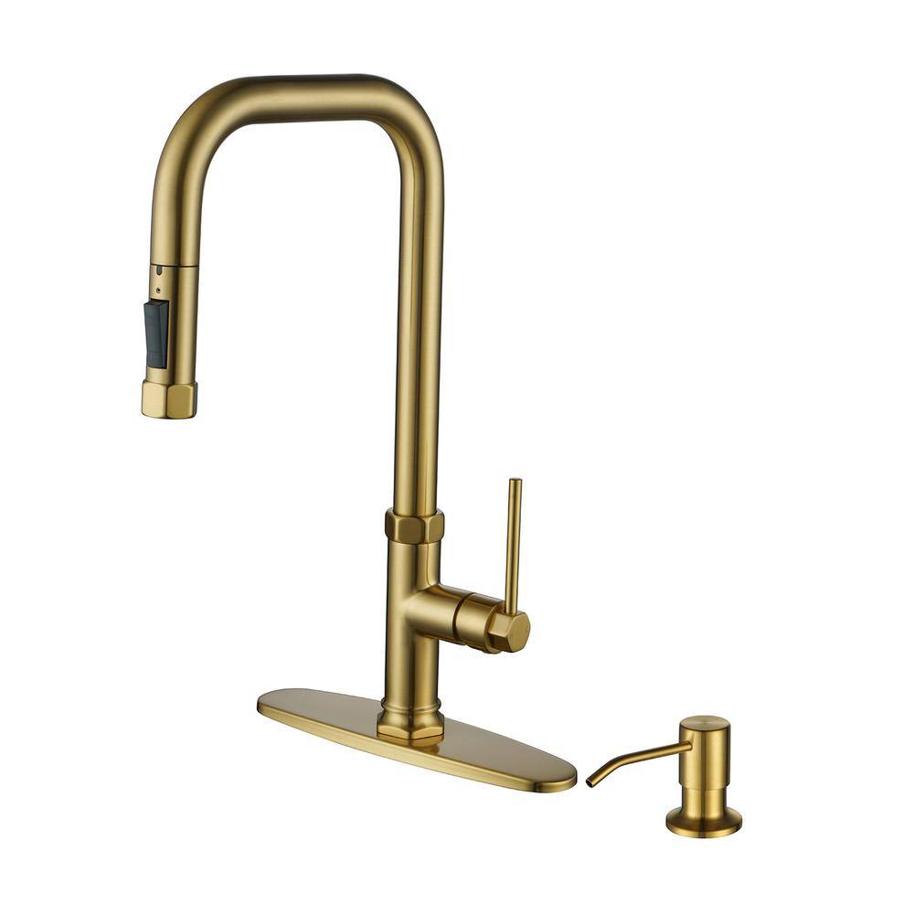 Brass Single Handle Pull Down Sprayer Kitchen Faucet with 2-Mode Advanced Spray and Soap Dispenser in Gold price history on PriceWatchPro