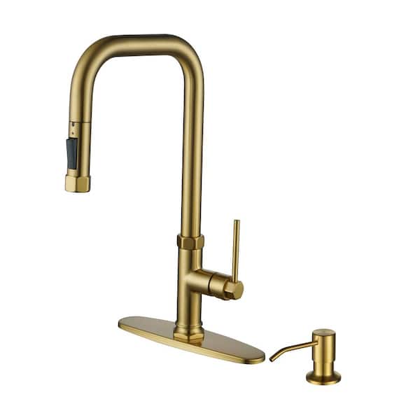 IVIGA Single-Handle Pull Down Sprayer Kitchen Faucet with Soap Dispenser and Deck Plate in Gold