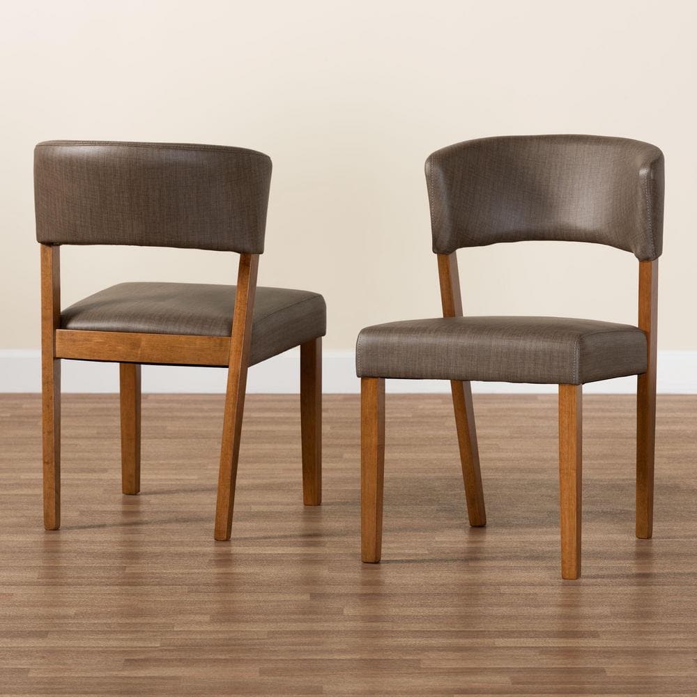 Gray Faux Leather and Walnut Wood Mid-Century Dining Chairs