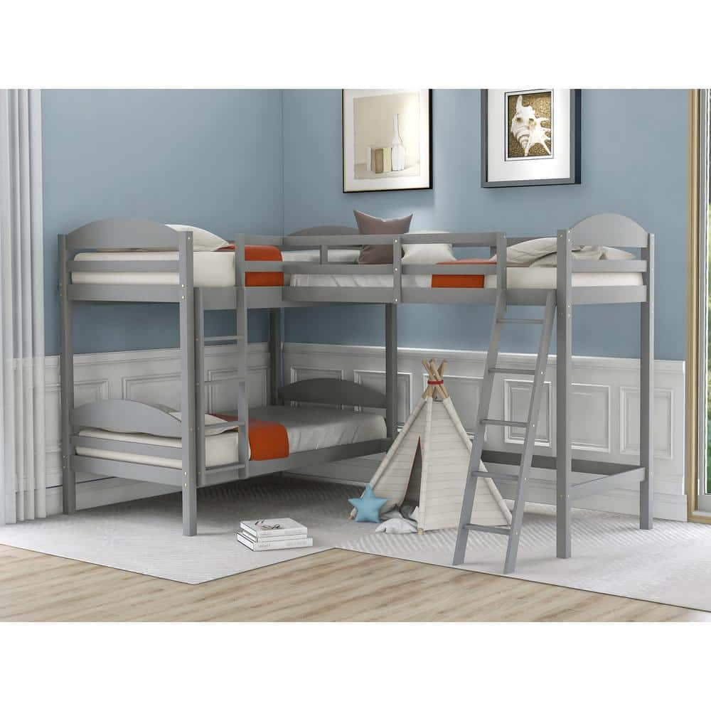 Harper & Bright Designs L-Shaped Gray Twin Size Wood Bunk Bed with 2 ...