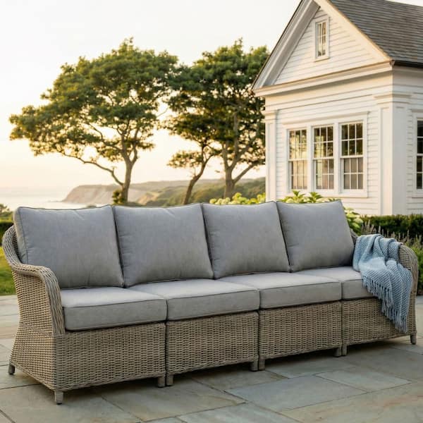 Lily Pond Weathered Gray 3-Piece Indoor-Outdoor Wicker Patio Conversation Modula Seating set w/ All-Weather Cushions