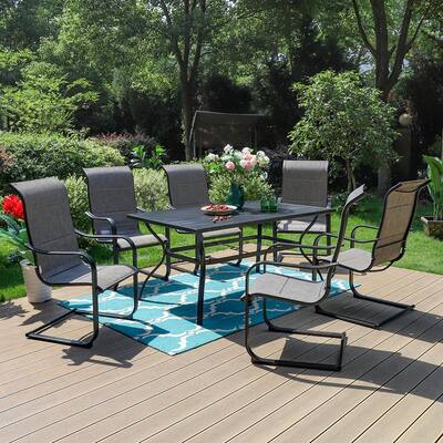 Black 7-Piece Metal Outdoor Patio Dining Set with Slat Rectangle Table and C-Spring Textilene Chairs