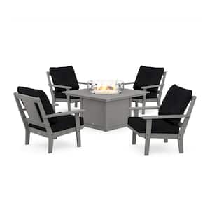 Prairie 5-Pieces Plastic Patio Fire Pit Deep Seating Set in Slate Grey with Midnight Linen Cushions