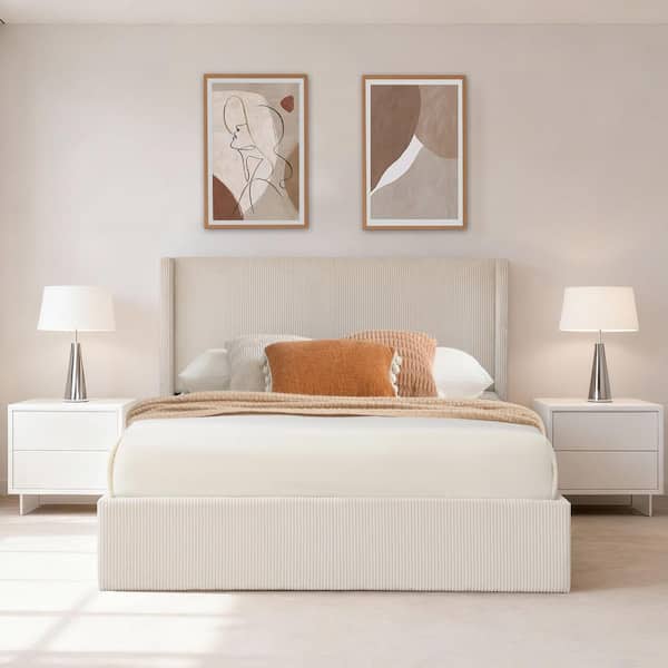 White Plywood Frame Queen Size Upholstered Platform Bed with Lift-up Storage Supported by Metal and Wooden Slats