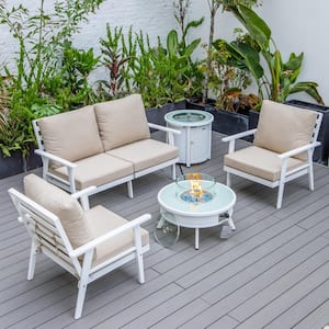 Walbrooke White 5-Piece Aluminum Round Patio Fire Pit Set with Beige Cushions, Slats Design and Tank Holder