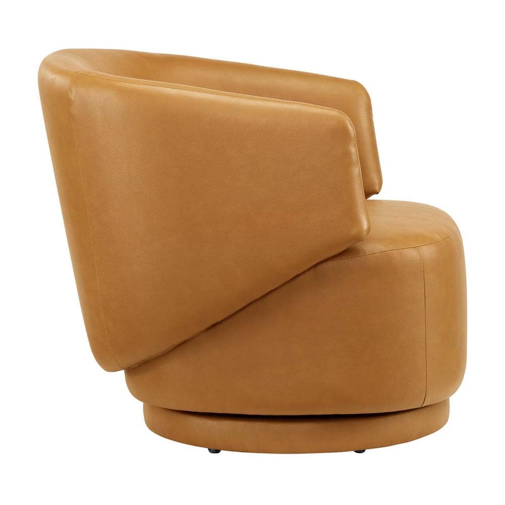 Tan Faux Leather Barrel Swivel Accent Chair with Wood Base