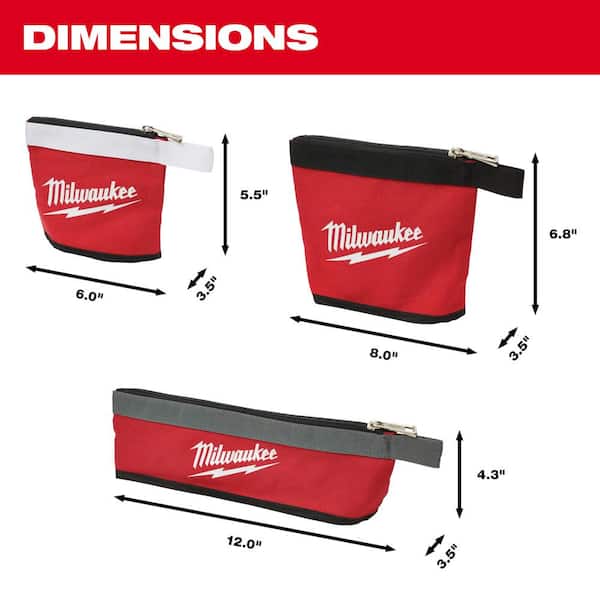 Milwaukee Zipper Tool Pouches Bags 14 and 6 in 8 Stand-Up Base Storage Canvas 
