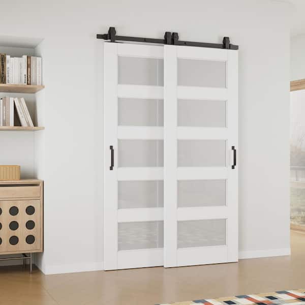 60 in. x 80 in. (Double 30 in. ) 5 Lite Frosted Glass White Primed MDF Sliding Barn Door with Hardware Kit Bypass