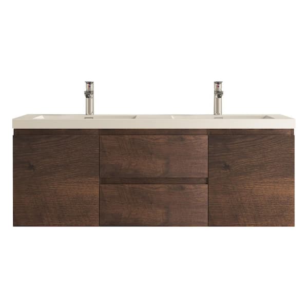 Angela 60 in. Double Rose Wood Bath Vanity Wall-mounted Floating Vanities with Gloss White Resin Stone Top 2-Drawers