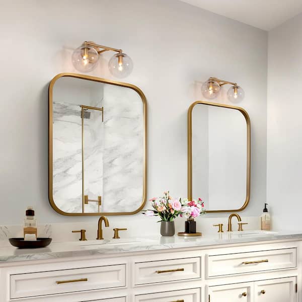 Modern Globe Bathroom Vanity Light 2-Light Brass Gold Round Powder Room Wall Sconce Light with Clear Glass Shades