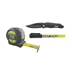 Multi-Function Folding Knife w/ 25 ft. Tape Measure w/ Wireform Belt Clip & Black Fine Point Permanent Workshop Marker
