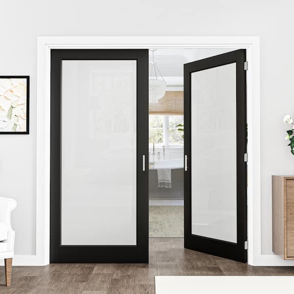 72 in., x 80 in., (Double 36 in.) 1-Lite Frosted Glass Black Solid Core Wood French Doors Interior Door Slab+ Ball Catch