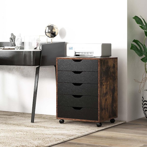 Rustic Brown 5 Drawer 19 in. Chest of Drawers Storage Dresser Floor Cabinet Organizer with Wheels