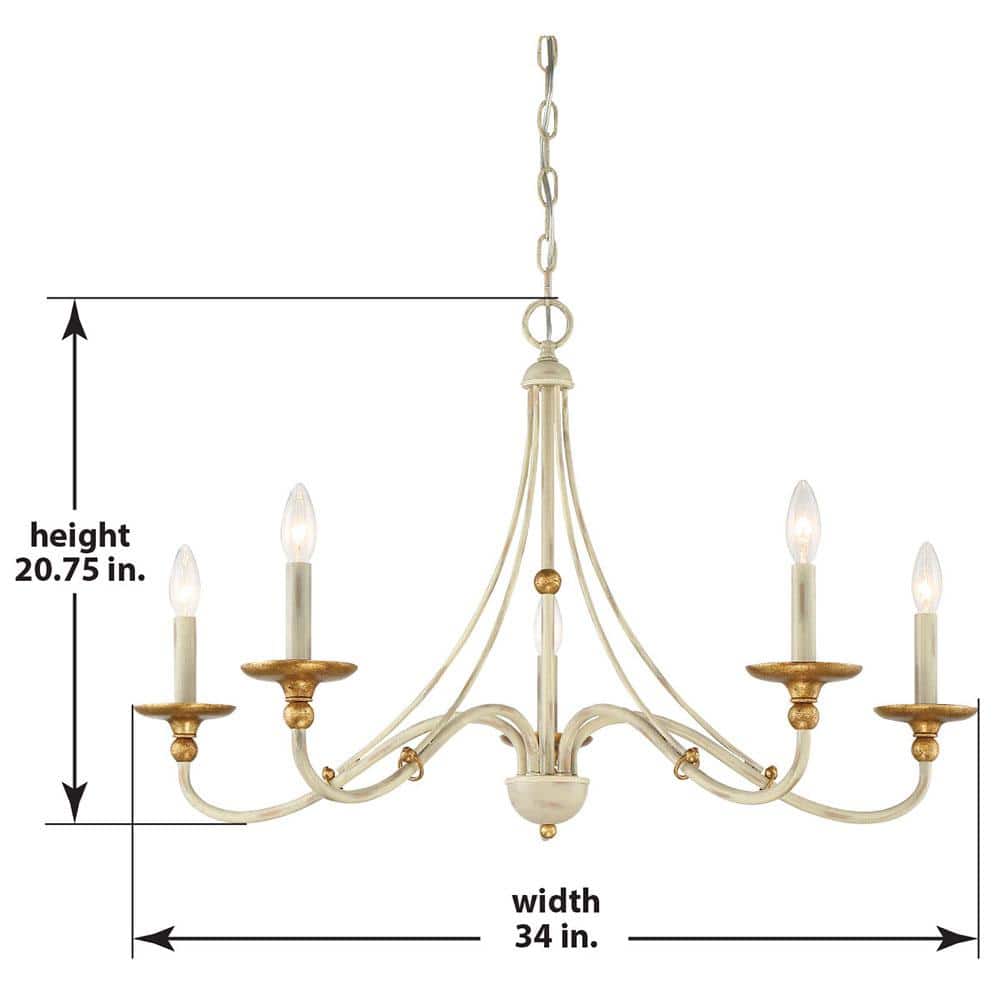 Farmhouse White and Gilded Gold Leaf 5-Light Chandelier