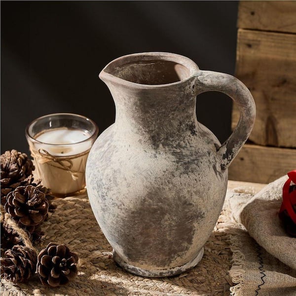 8 in. Gray Ceramic Bottle Rustic Farmhouse Vase with Handle