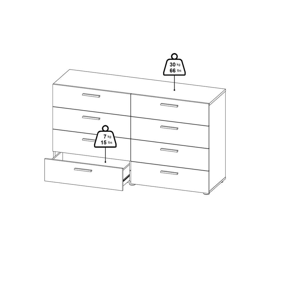 White MDF Double Dresser with 8 Horizontal Drawers