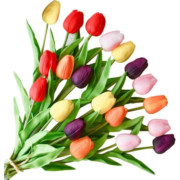 Artificial Multi-Colored Tulips 20 Pcs – 13.5 Inch PU Faux Flowers with Bendable Stems