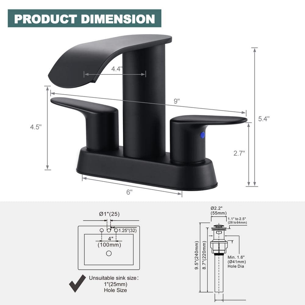 Matte Black Double Handle Waterfall Bathroom Faucet with Pop-up Drain Kit