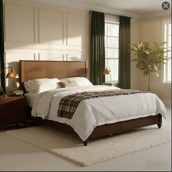 Caleb Classic Walnut Brown Wooden Frame King Size Platform Bed with Headboard and Footboard