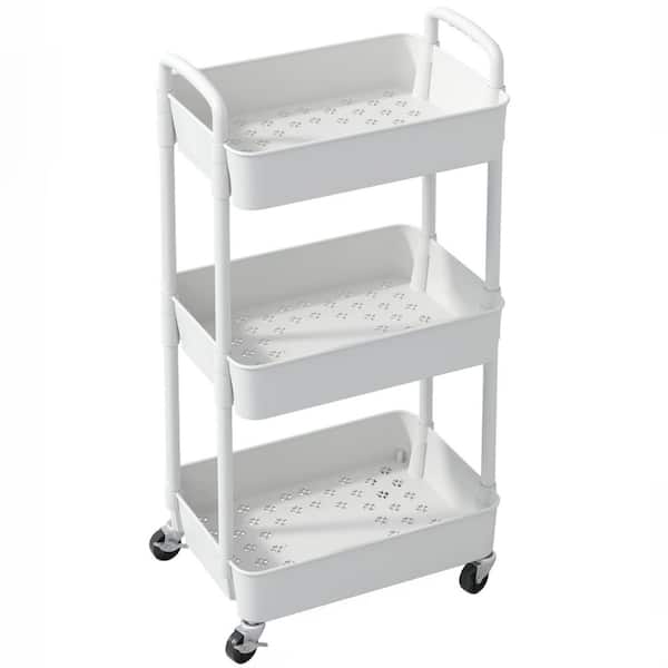 3-Tier White Multi-Functional Storage Trolley Rolling Utility Cart with Lockable Wheels and Handle
