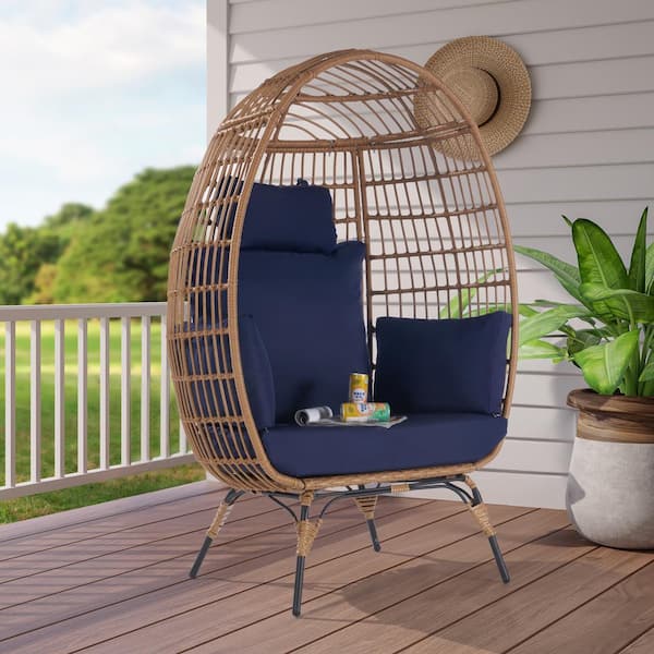 SANSTAR Wicker Egg Chair Outdoor Lounge Chair Basket Chair with Navy Blue Cushion