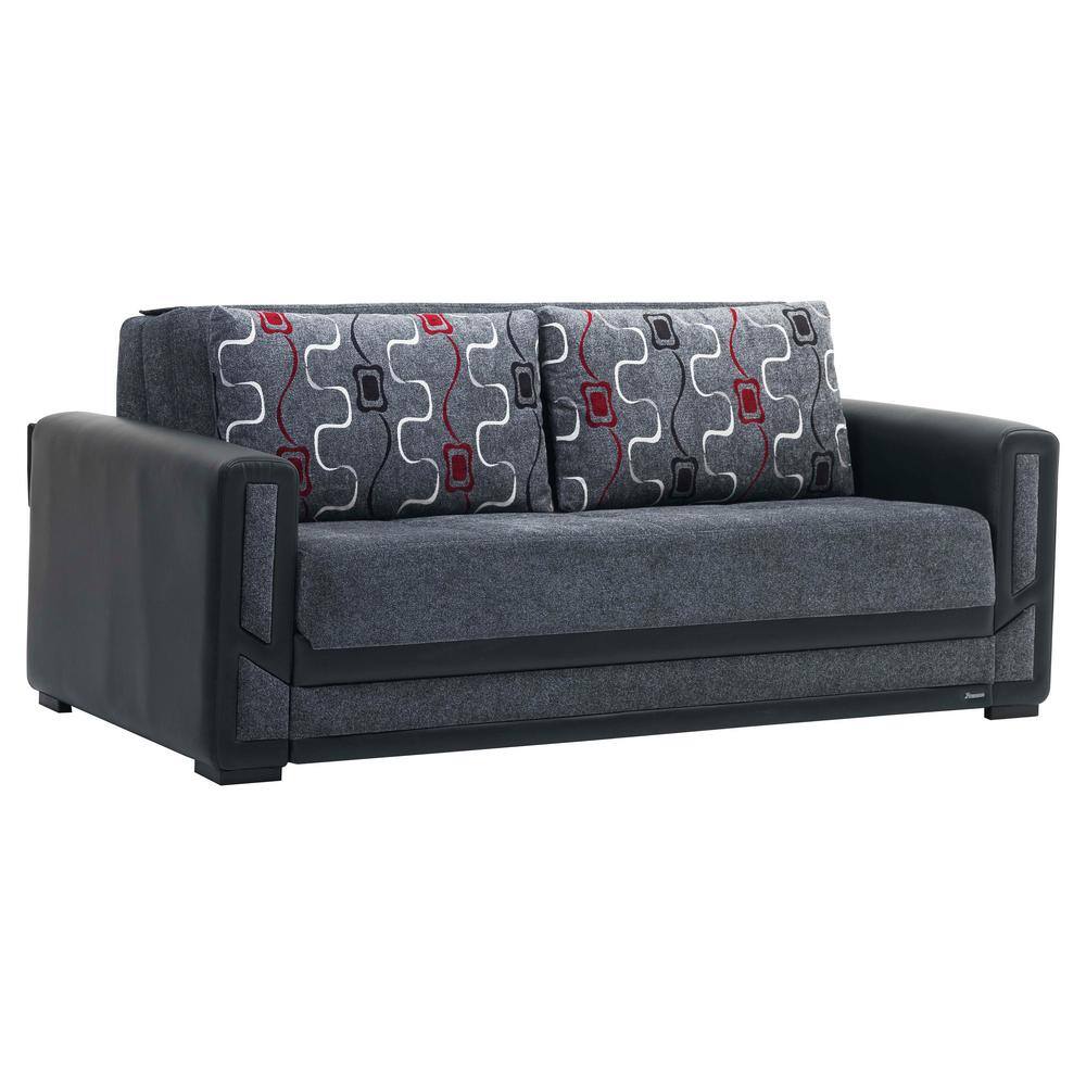 Grey chenille 3-seater sleeper sofa with patterned back cushions.